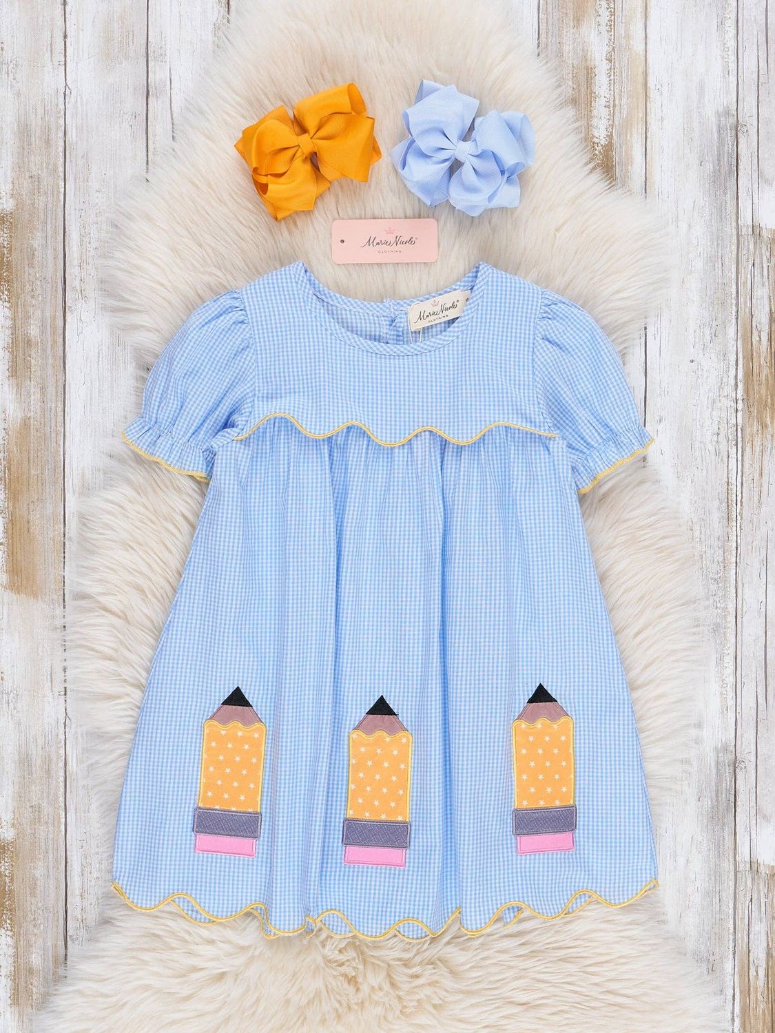 Marie Nicole Clothing - Scallop Hem Embroidered Pencils 100% Cotton Dress, Size: 7Y