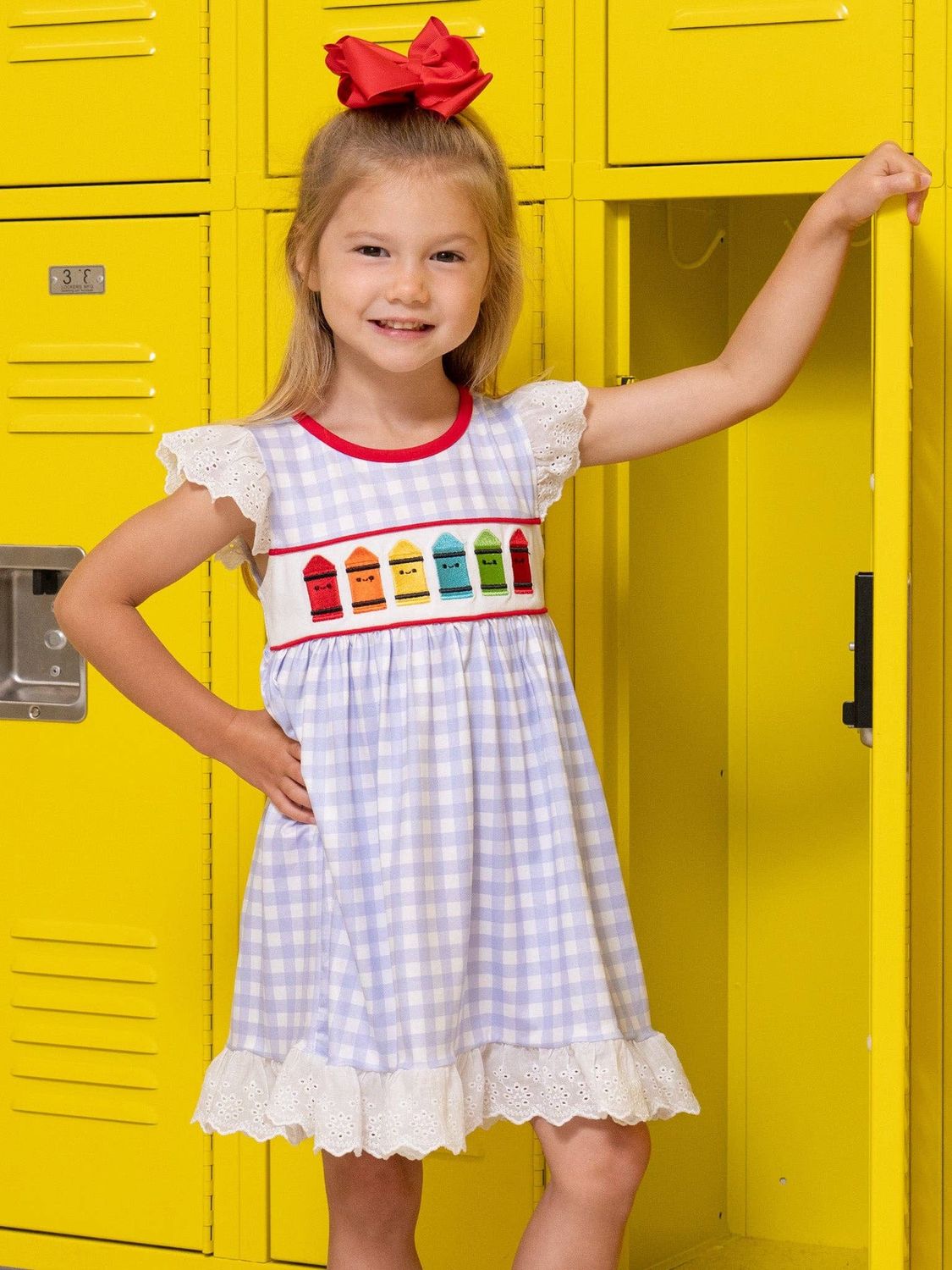 Marie Nicole Clothing - Bright Crayons Embroidered Gingham Dress