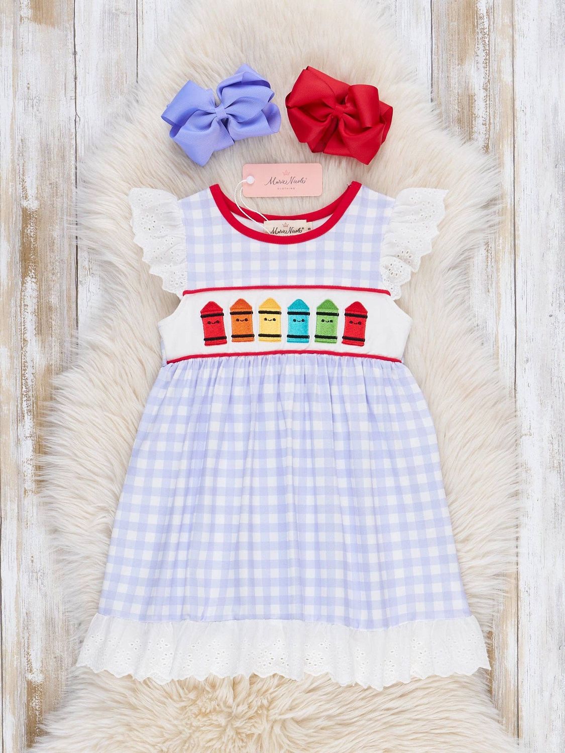 Marie Nicole Clothing - Bright Crayons Embroidered Gingham Dress, Size: 8Y