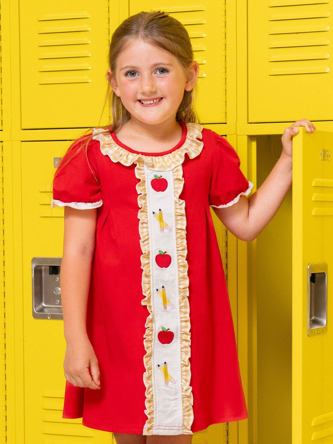 Marie Nicole Clothing - Sweet Apple Embroidered Pencils Ruffle Dress