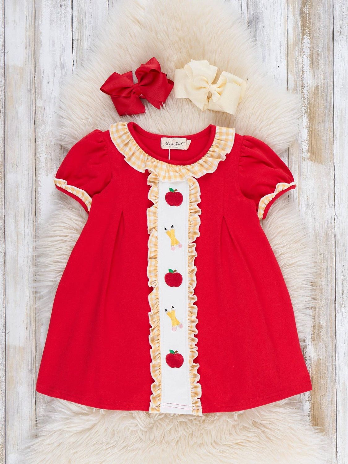 Marie Nicole Clothing - Sweet Apple Embroidered Pencils Ruffle Dress, Size: 5Y