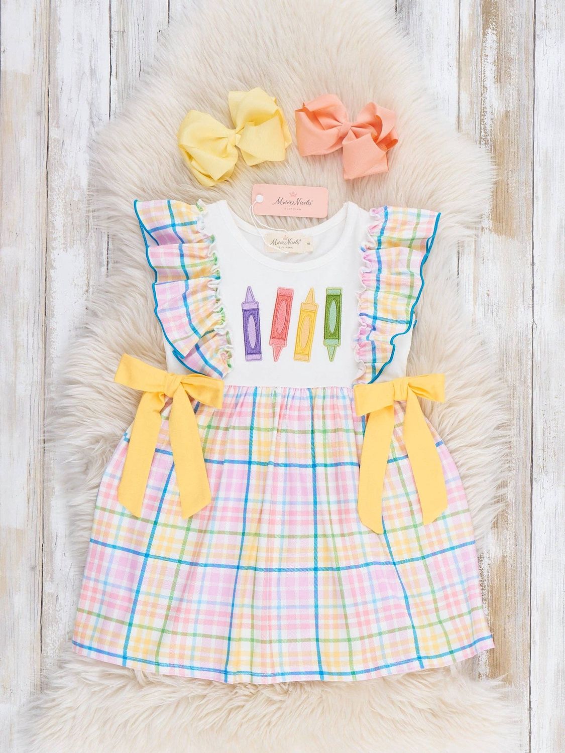 Marie Nicole Clothing - Colorful Crayon Plaid Bow Dress