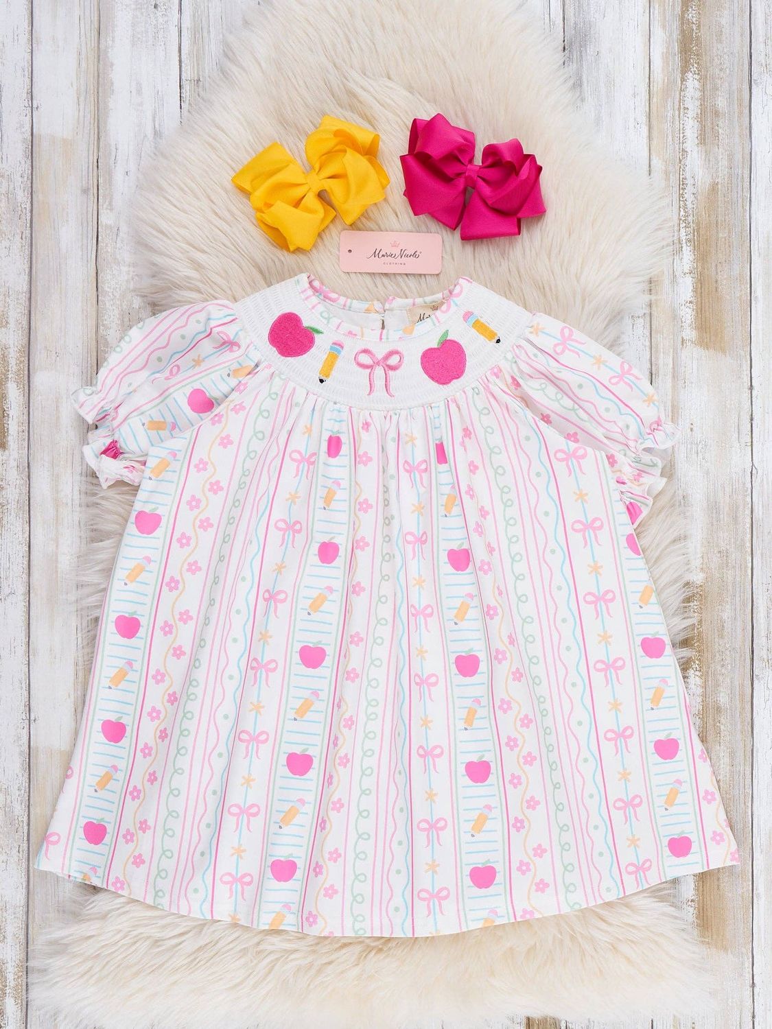 Marie Nicole Clothing - Tiny Learner and Apple Smocked Dress, Size: 8Y