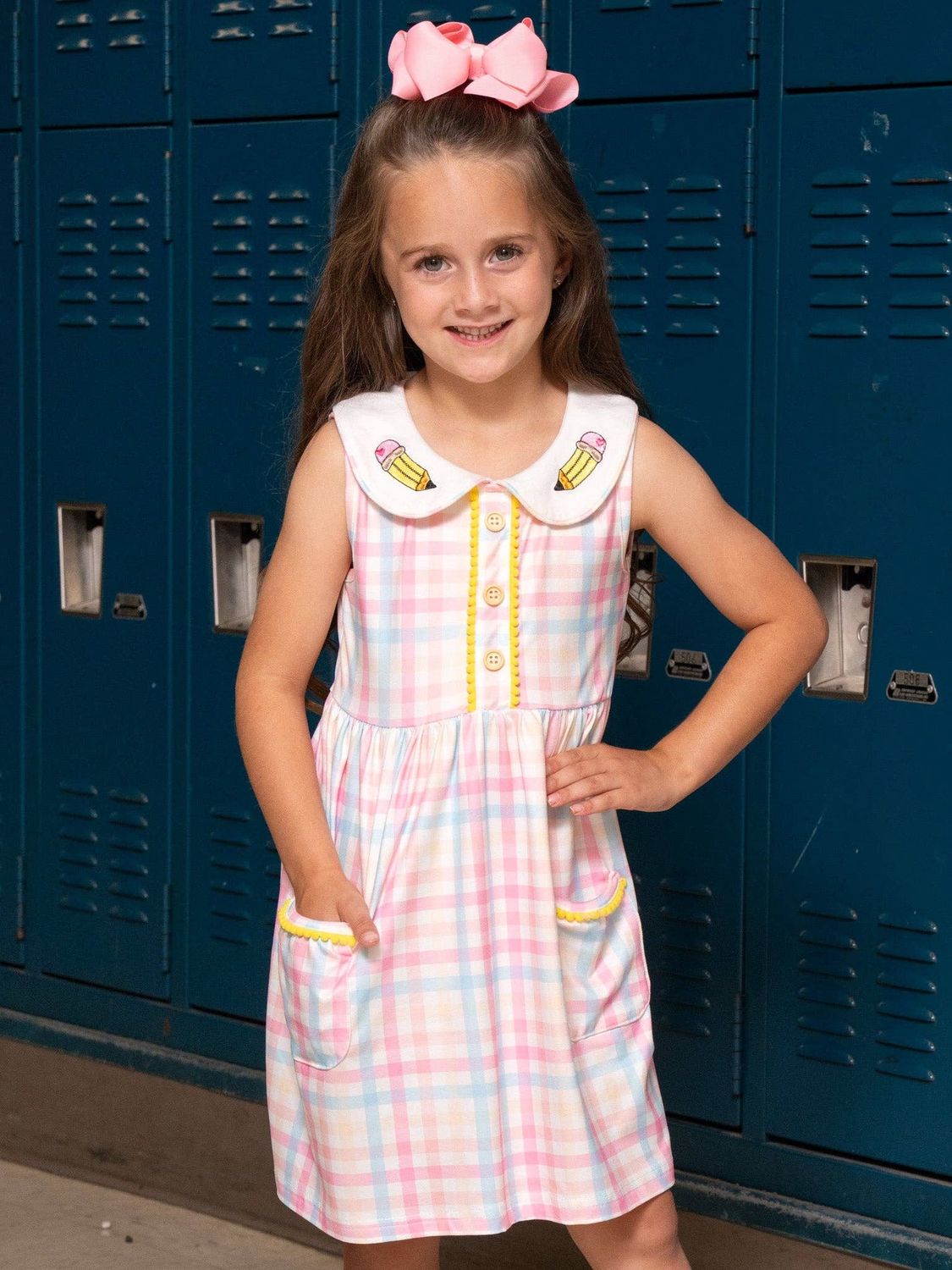 Marie Nicole Clothing - Pastel Pencils Embroidered Plaid Ruffle Dress