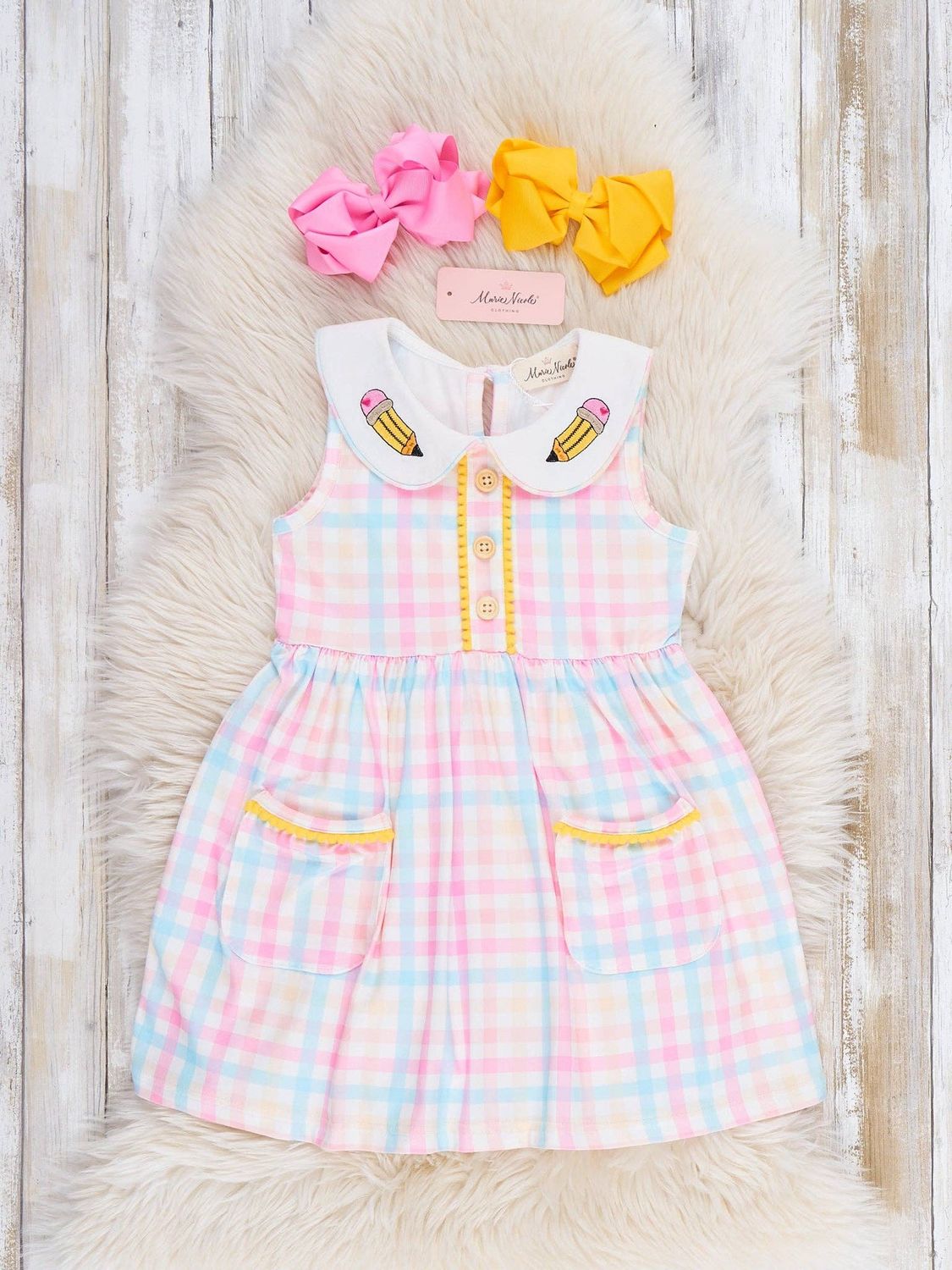 Marie Nicole Clothing - Pastel Pencils Embroidered Plaid Ruffle Dress, Size: 8Y