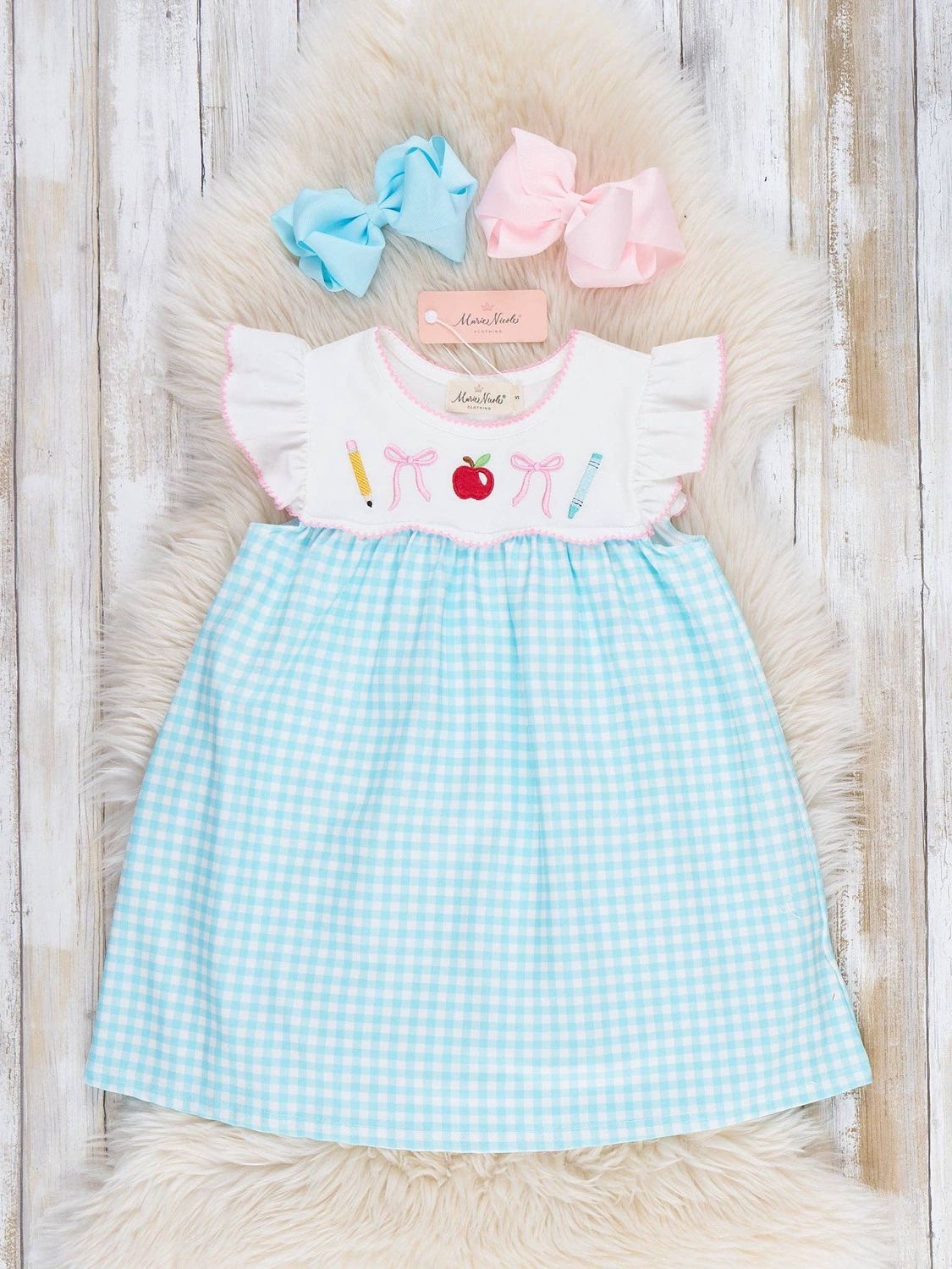 Marie Nicole Clothing - Class-Time Apple &amp; Pencil Embroidered Flutter Dress, Size: 5Y