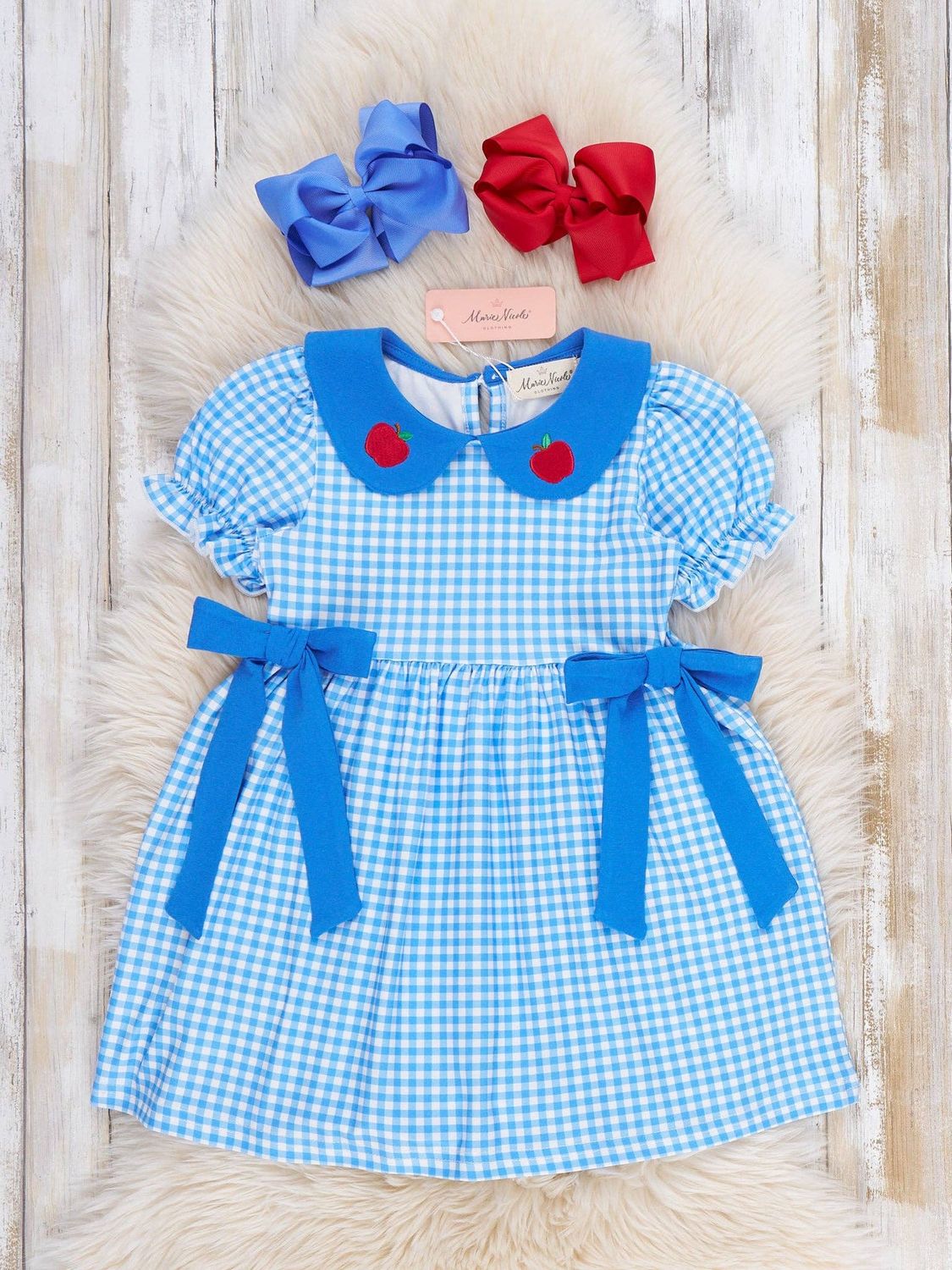 Marie Nicole Clothing - School Bell Apple Gingham Embroidered Dress