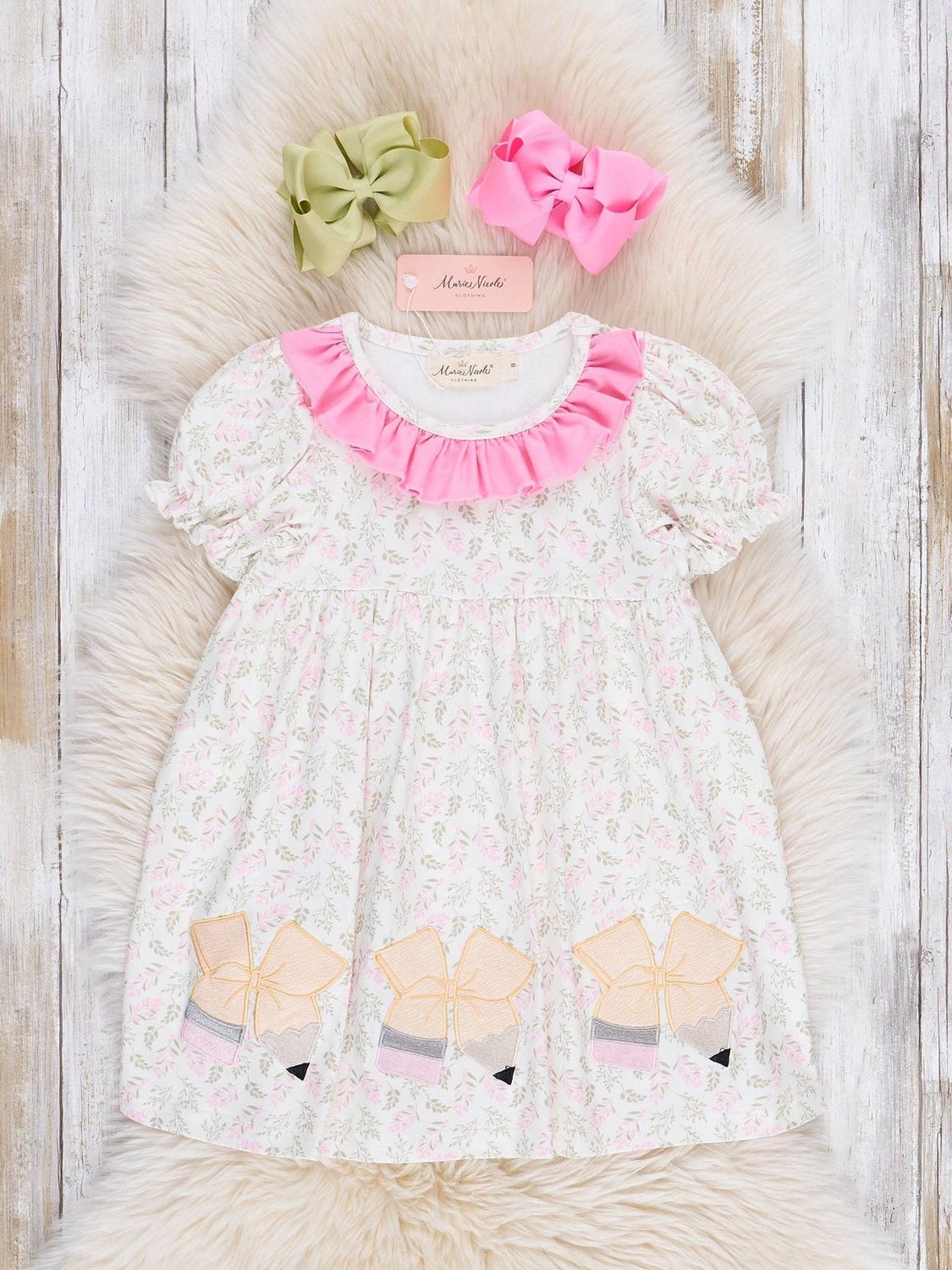 Marie Nicole Clothing - Sweet Embroidered Pencil Bows Ruffle Dress, Size: 8Y