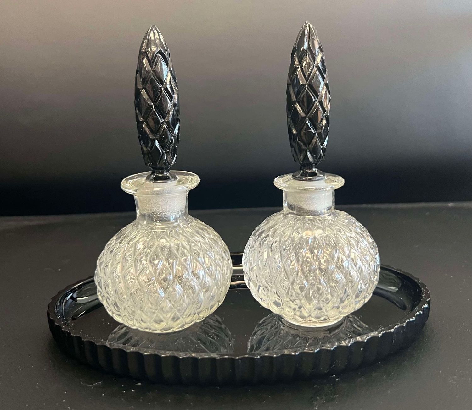 Amethyst &amp; Clear Glass Dresser Perfume Set w/ Tray