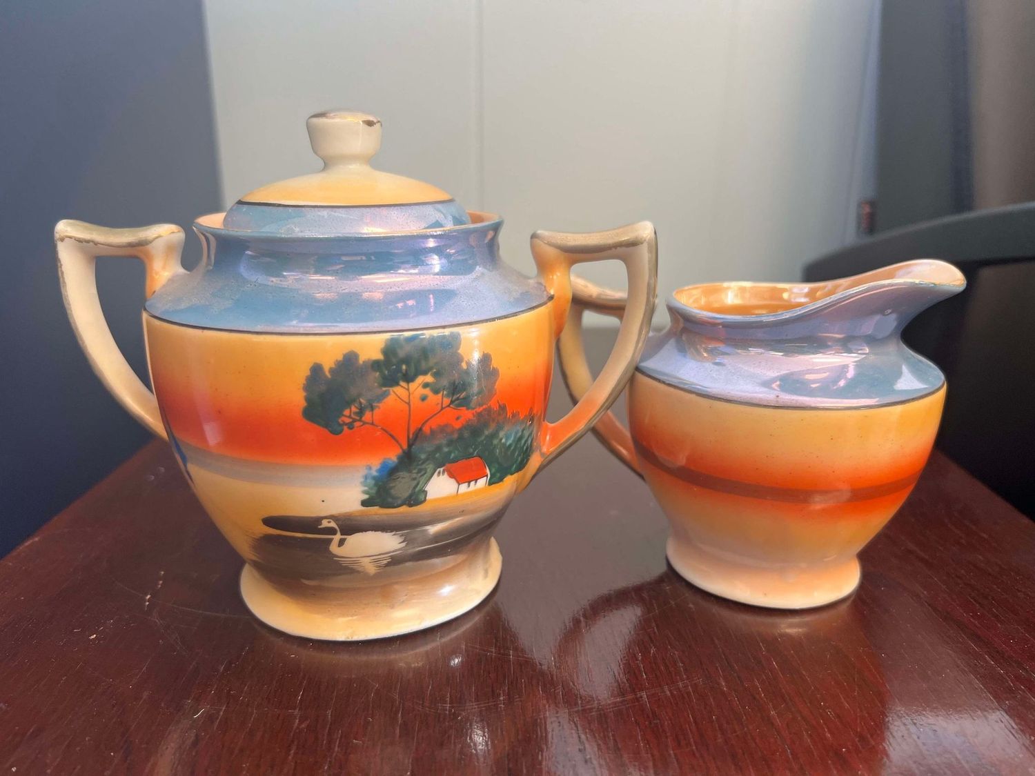 Lusterware Cream &amp; Sugar - Swan Lake