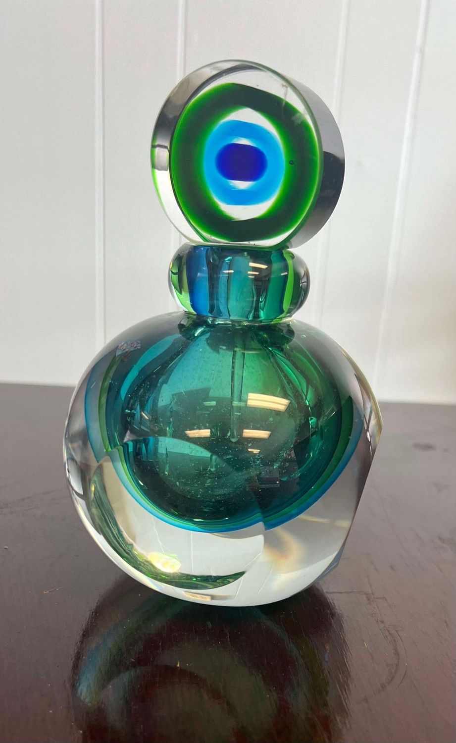 Fifth Avenue Crystal Perfume Bottle 6.2" - Green &amp; Blue w/ Stopper