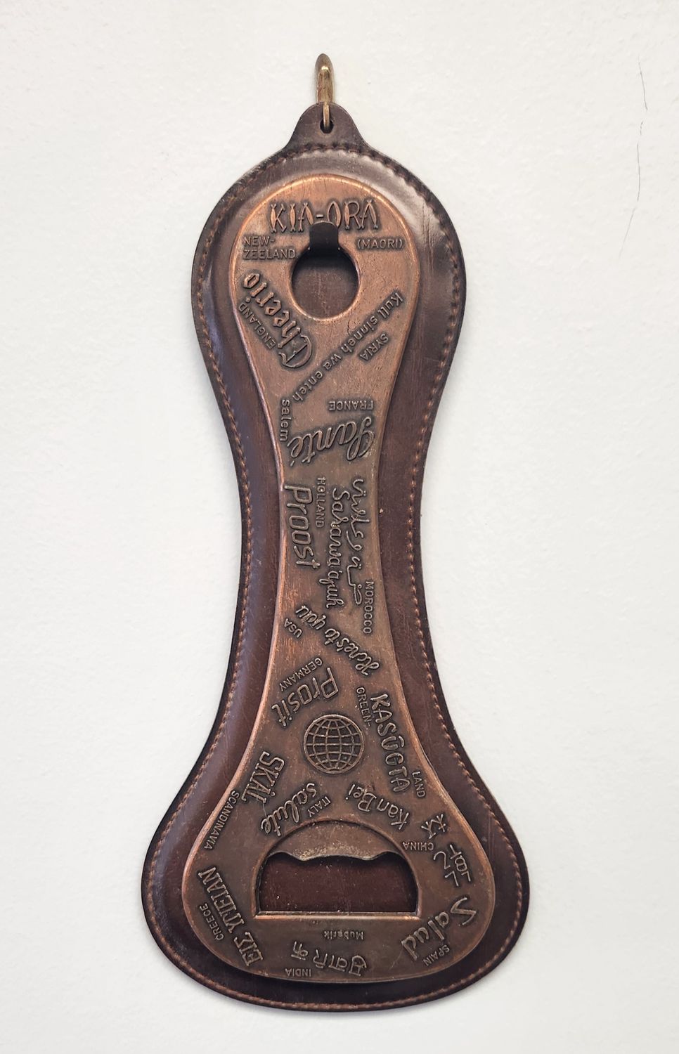 Copper Bottle Opener Spain England Germany India Salute Cheers with Leather Hanger