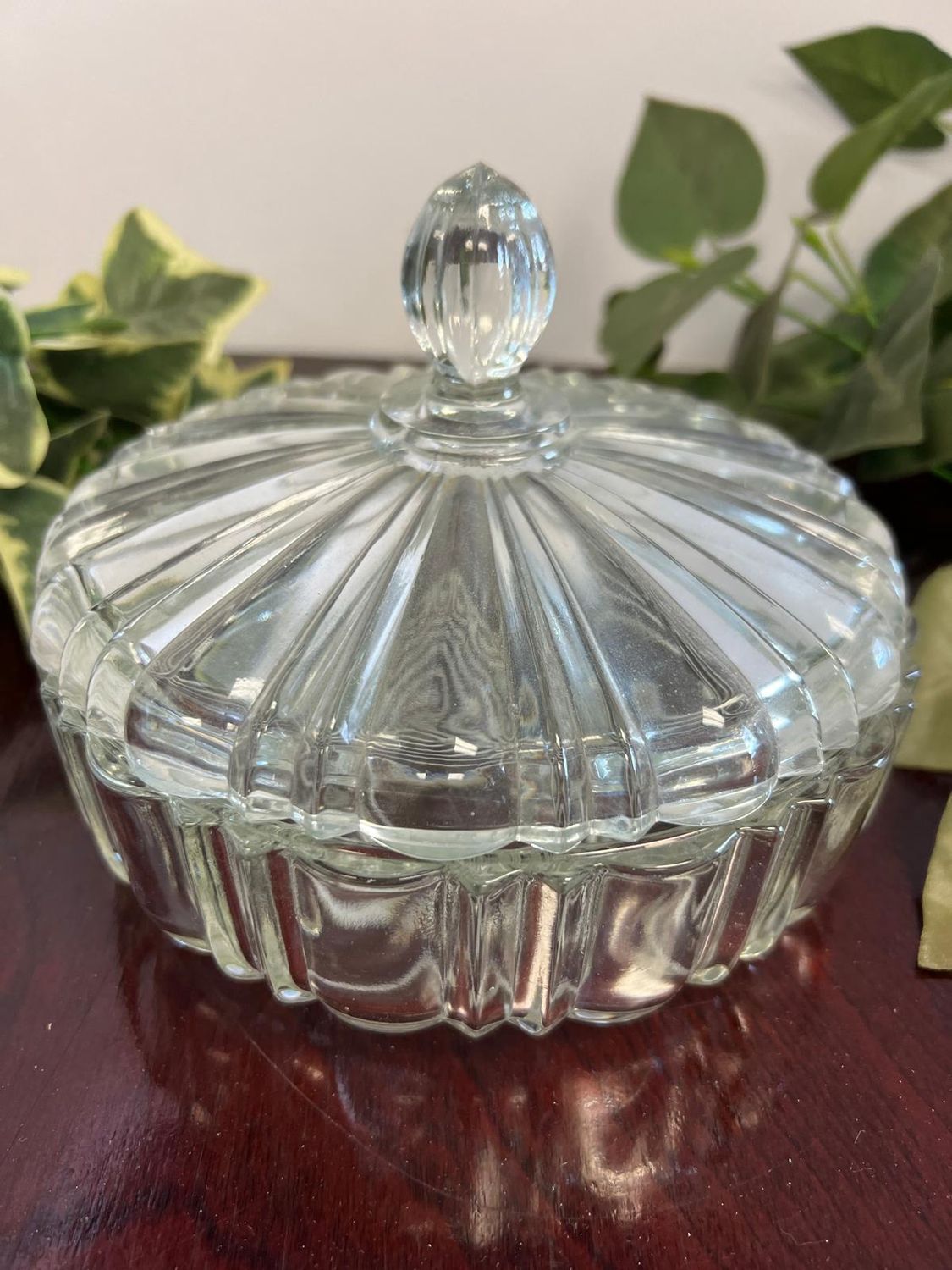 Vintage Art-Deco Covered Clear Crystal Candy Dish Lid 4.5" Tall