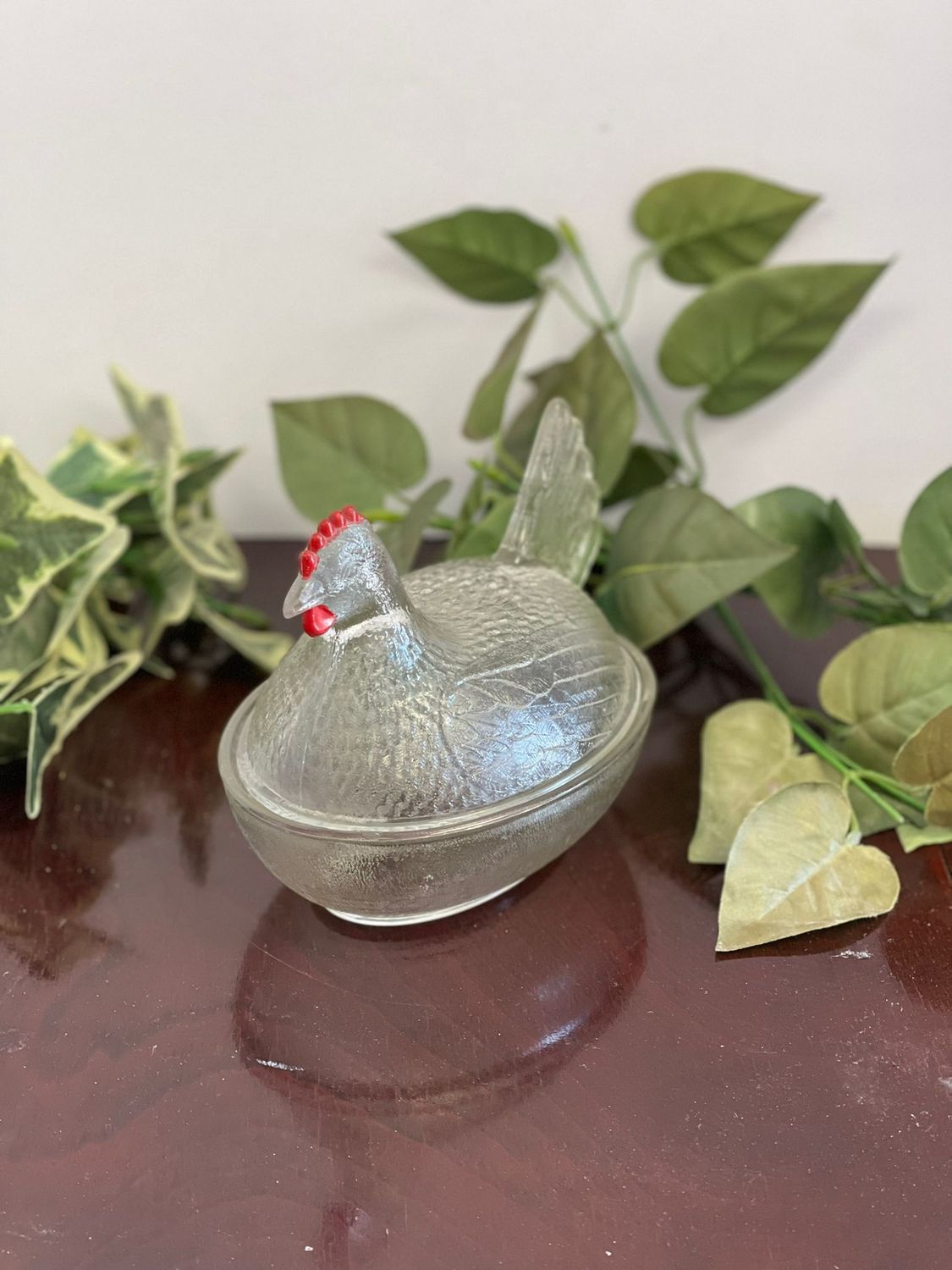 Vintage Clear Textured Glass Nesting Hen Covered Dish