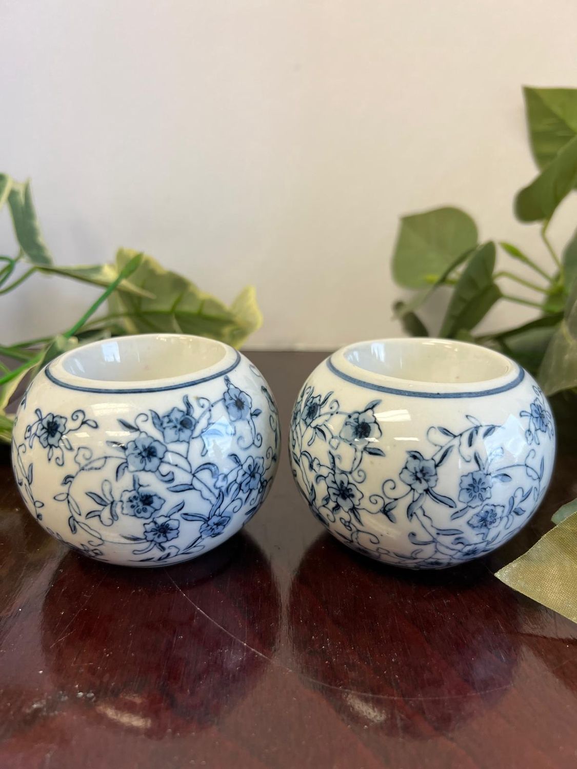 Set of 2 Blue &amp; White Round Tealight Holders