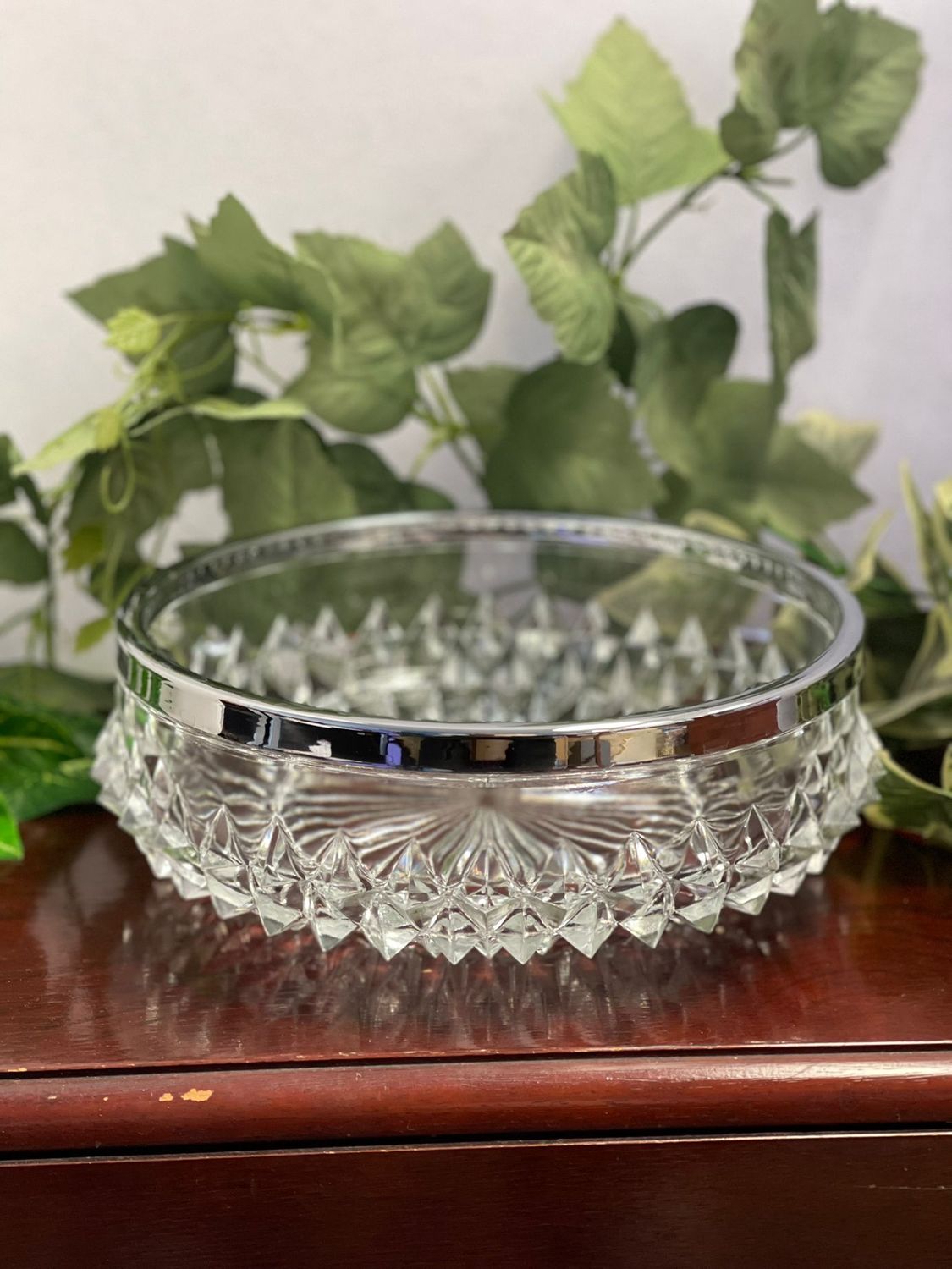 Vintage Crystal Pressed Glass Bowl with Silver Plated Metal Ring Heavy 8"x 3.25"