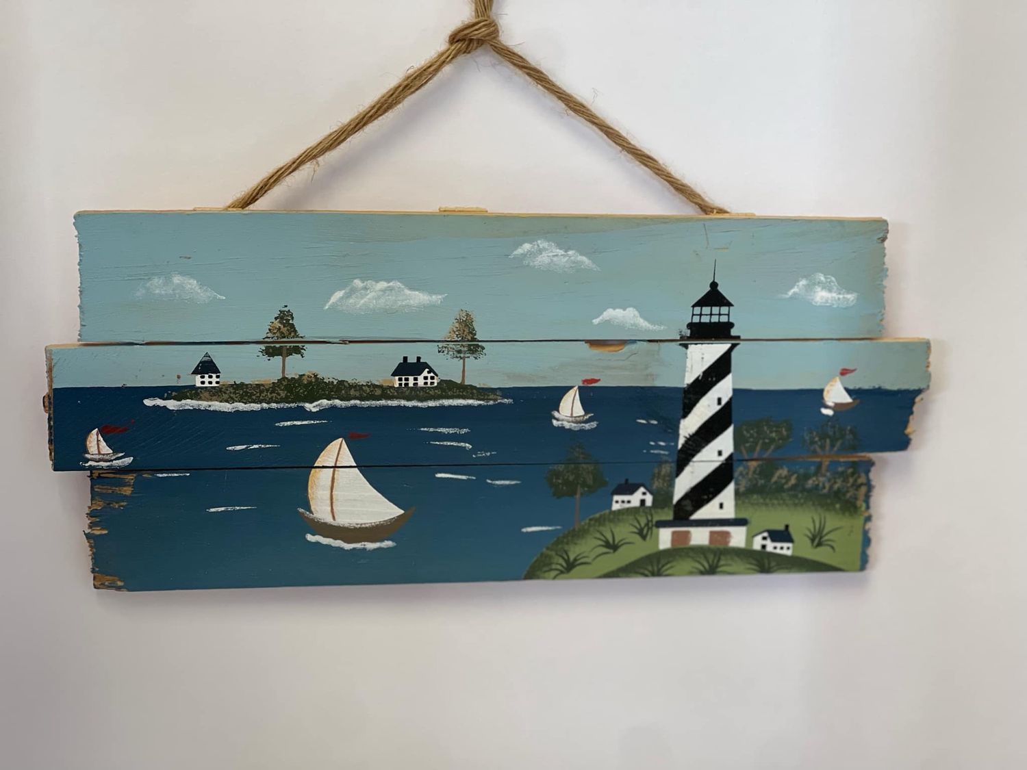 Painted Board with Lighthouse &amp; Beach Scene