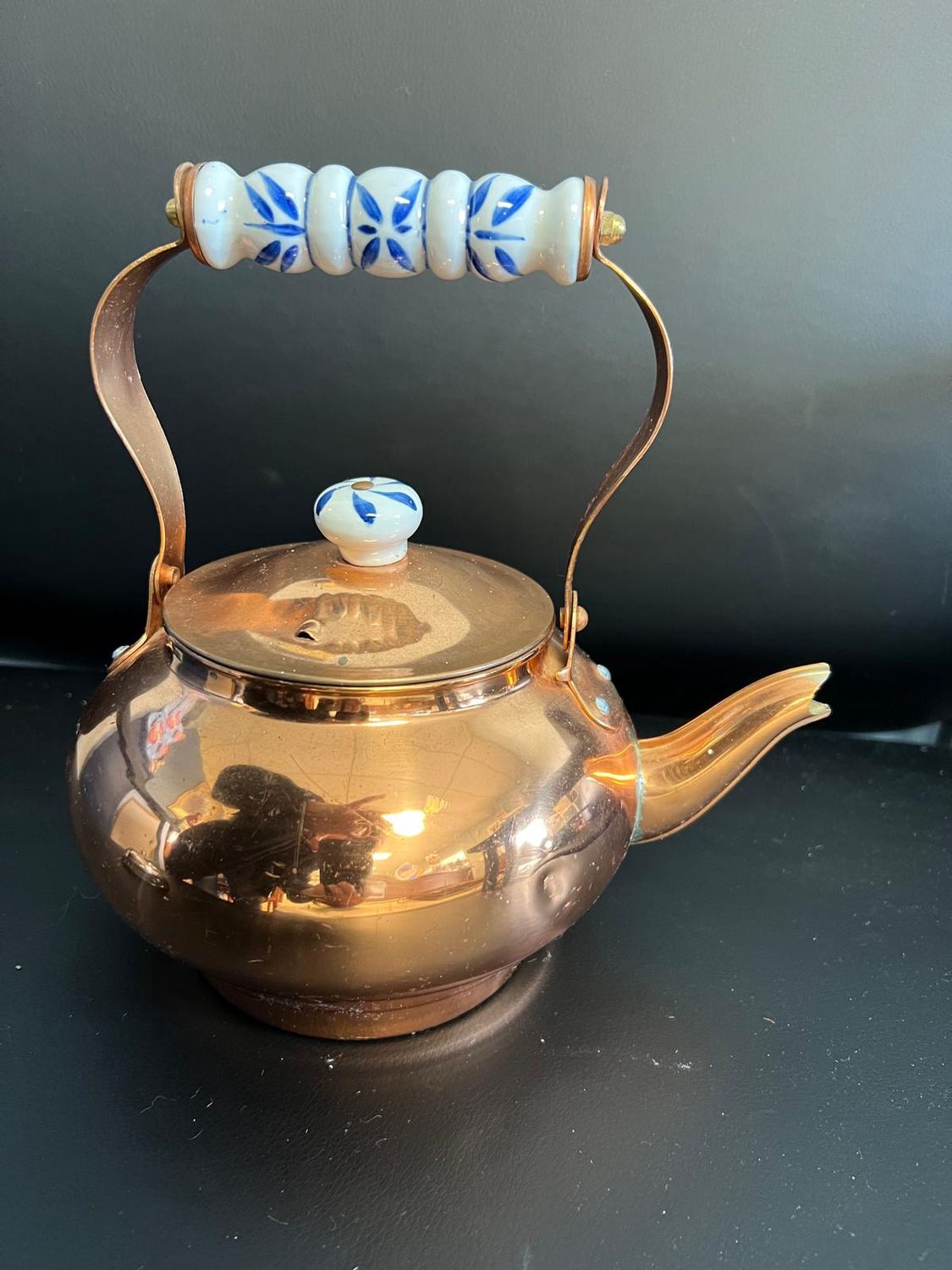 Copper Teapot w/ Blue &amp; White Handle (has small dent)