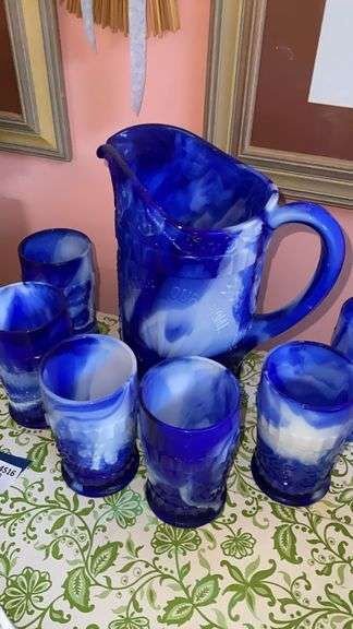L.G. Wright God and Home blue slag glass water set
