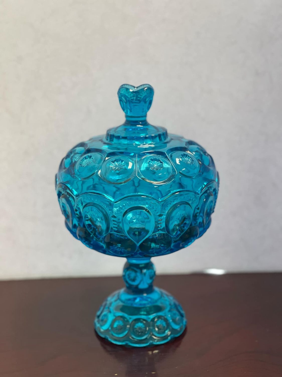 L. E. Smith Blue Moon &amp; Stars Manganese Glass Compote 9 3/4" Tall