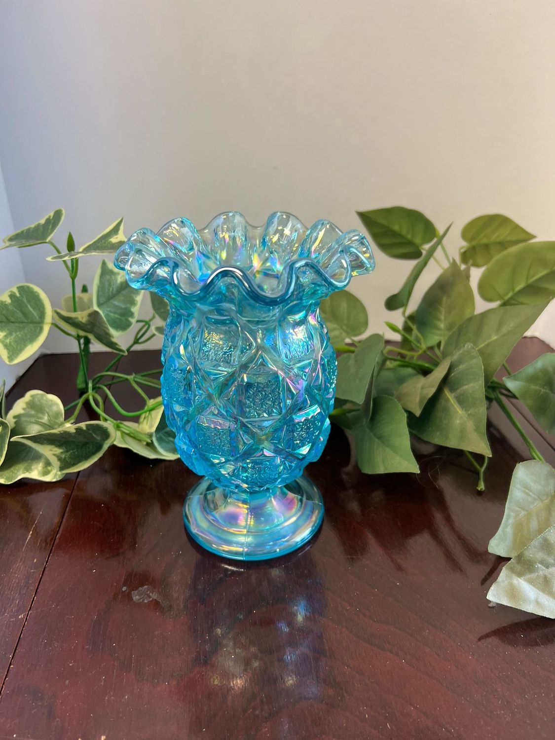 Westmoreland Ice Blue Iridescent Carnival Glass Quilt Vase