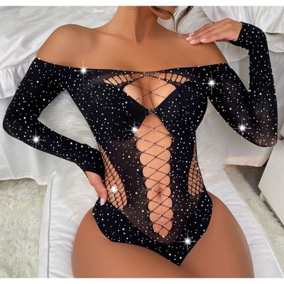 Body de Malla Manga Larga con Purpurina y Diamantes de Imitacion