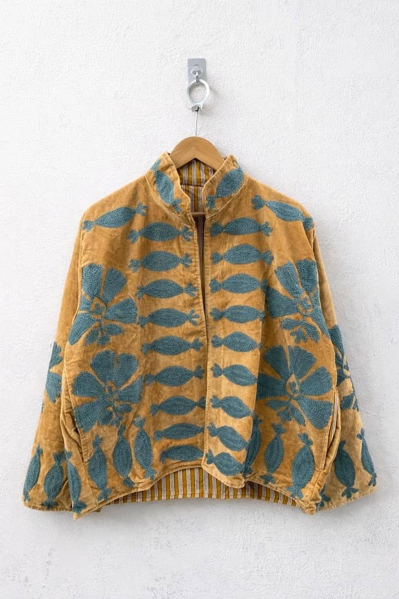Suzani Embroidered Mustard Velvet Jacket — Boho Short Coat