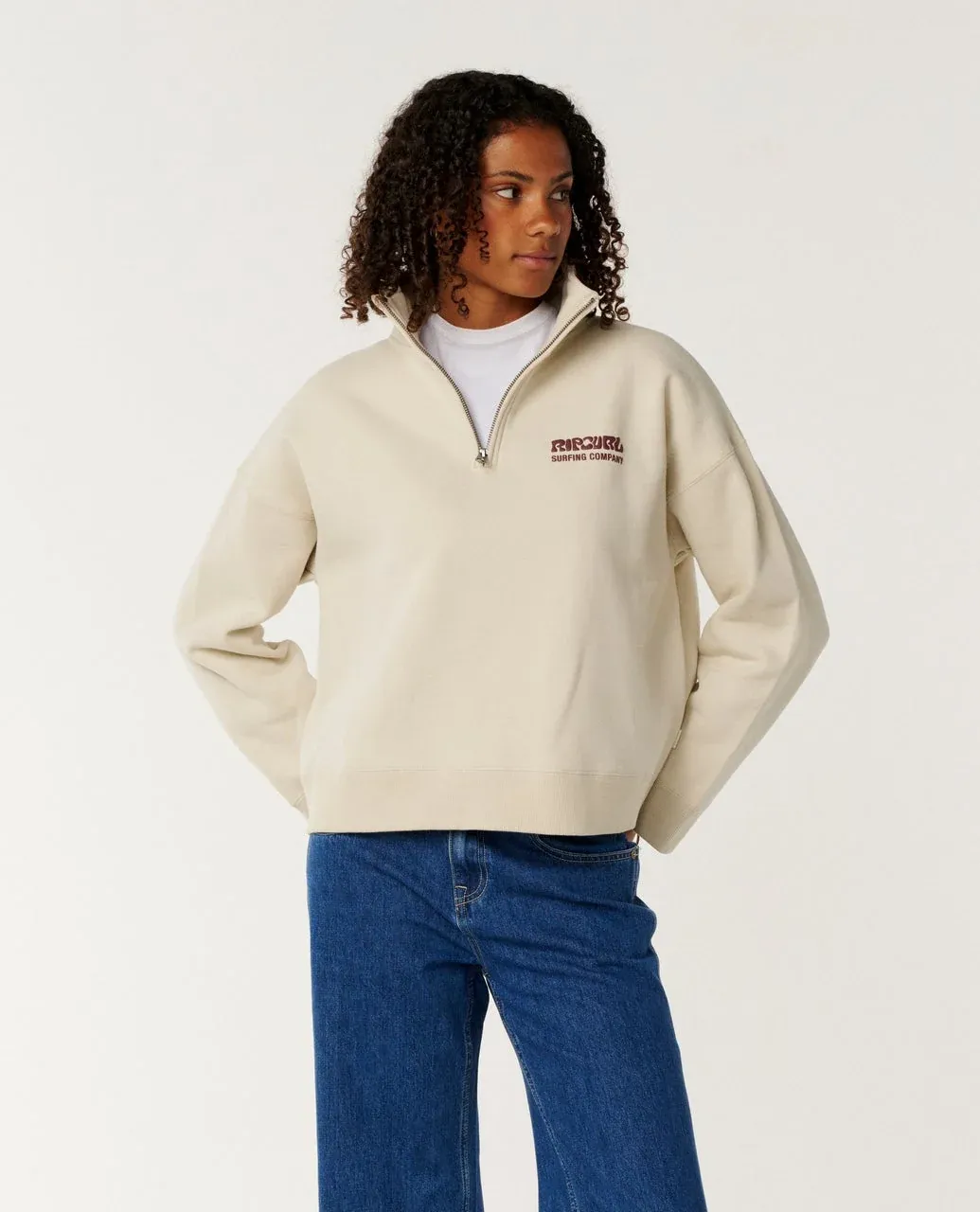 RIP CURL SURF PUFF WIDE 1/4 ZIP HOODIE, Color: NATURAL, Size: XS