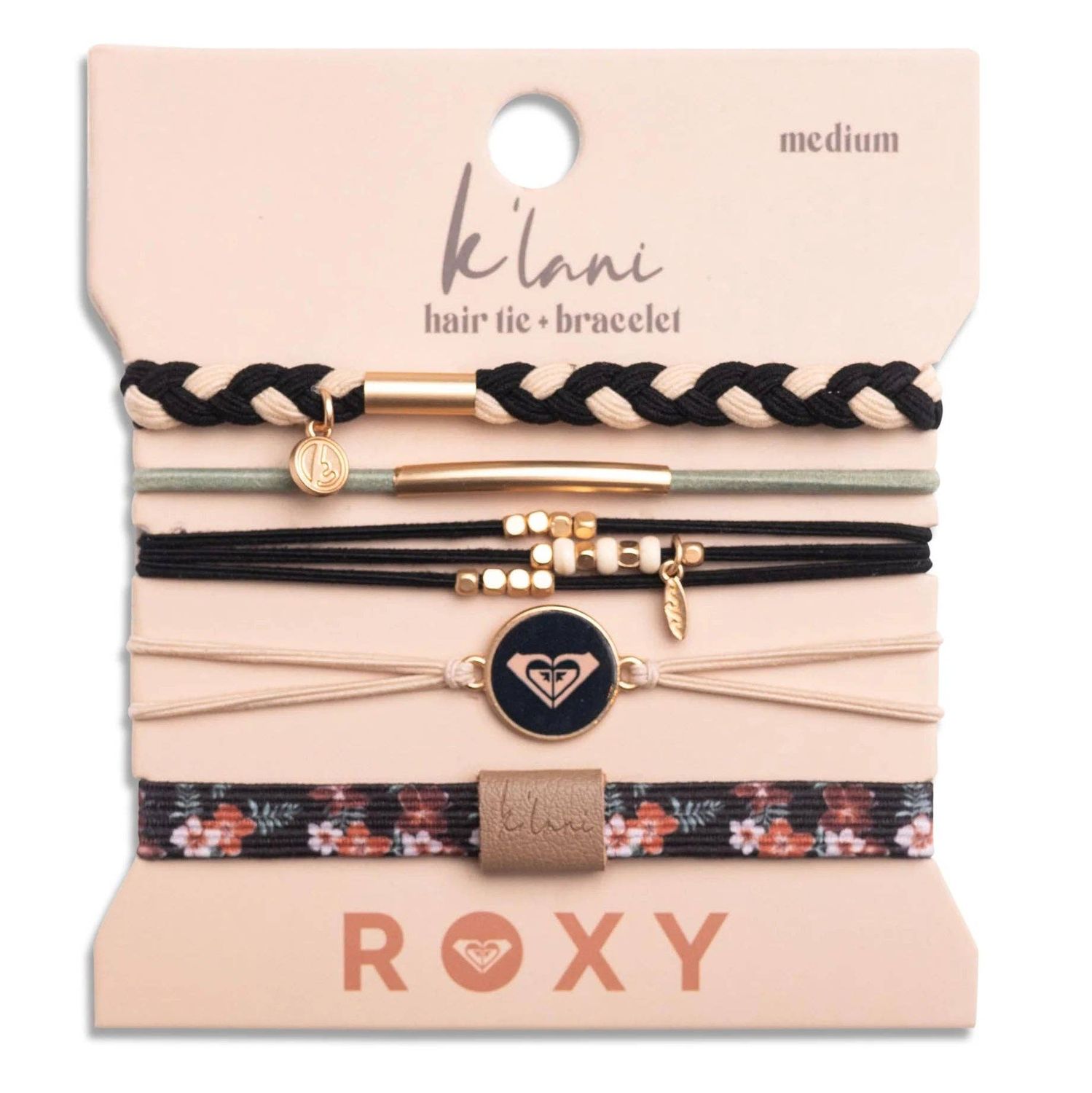 K'lani  "Roxy Coastal Drift" Black &amp; Neutral Beachy Vibe Hair Tie Bracelets: Medium