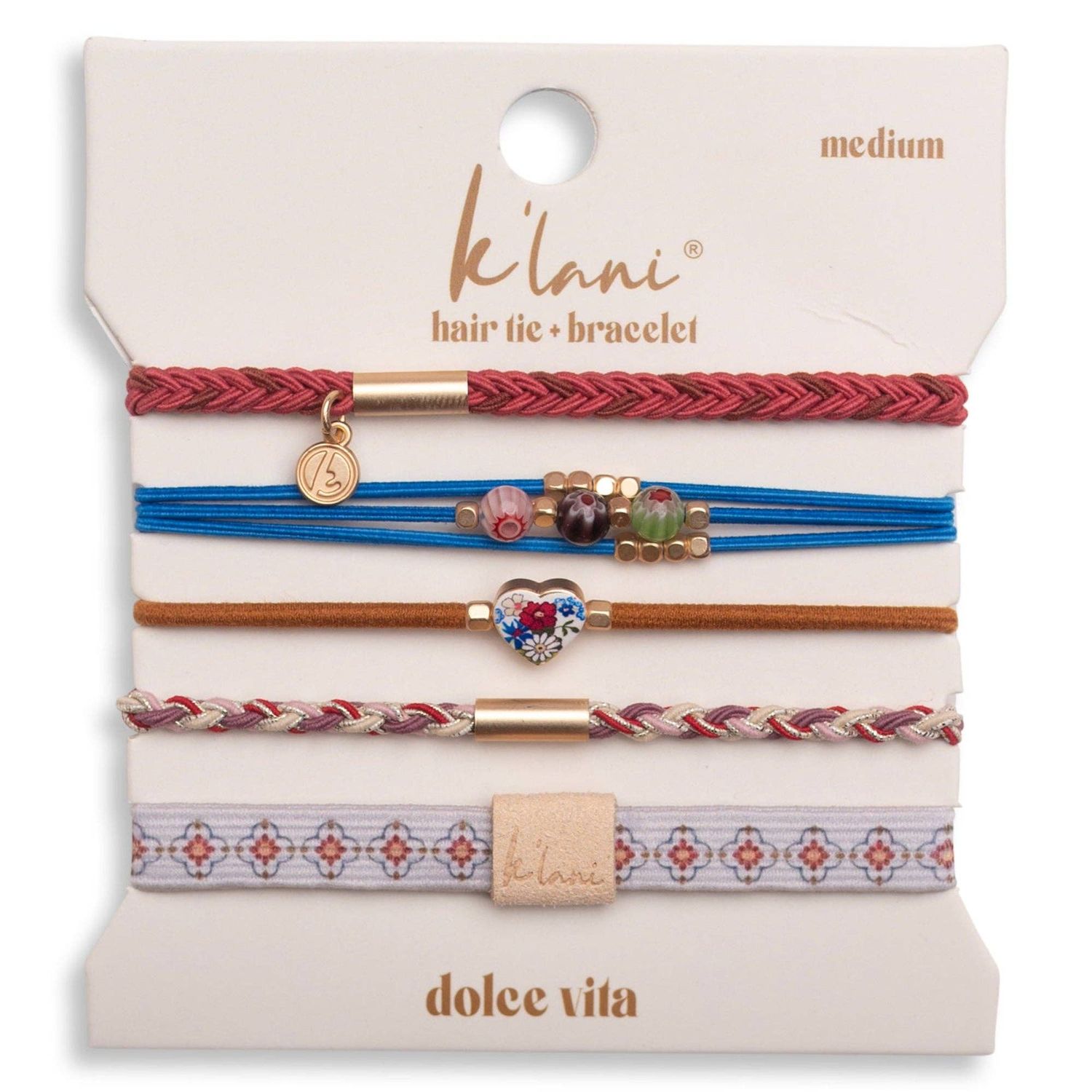 K'lani  "Dolce Vita" Floral Glass Beads with Gold Accents Hair Tie Bracelets: Medium