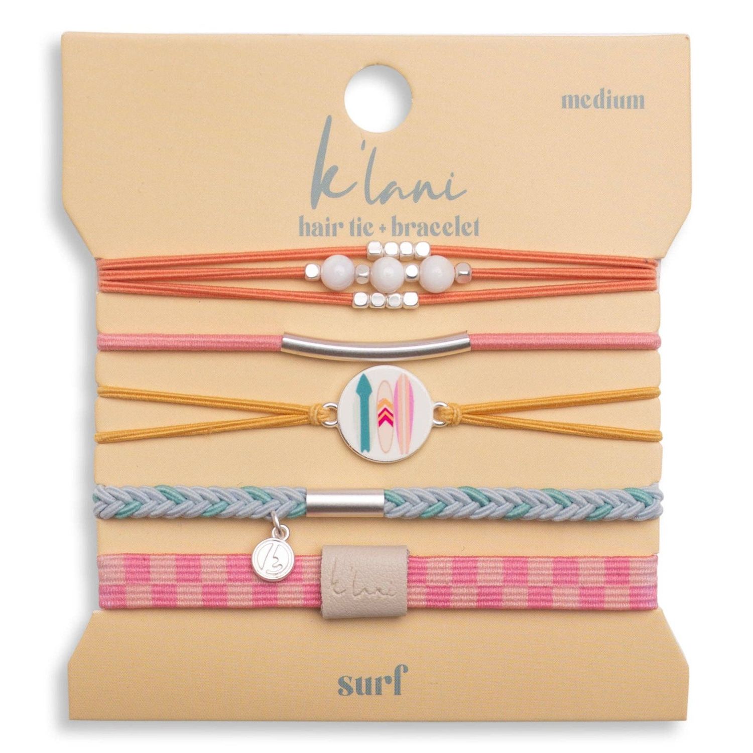 K'lani  "Surf" Surfboard with Silver Accents Hair Tie Bracelets: Medium