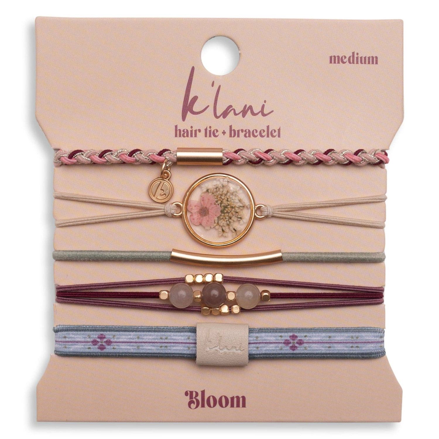 K'lani  "Bloom" Maroon &amp; Pink with Pressed Flowers Hair Tie Bracelets: Medium
