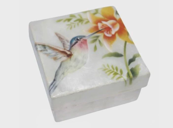 KU0162 - Capiz Box : Hummingbird with Flower