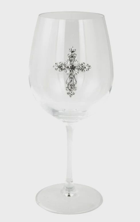 TS0059-Wine Glass : Cross W/ Crystals