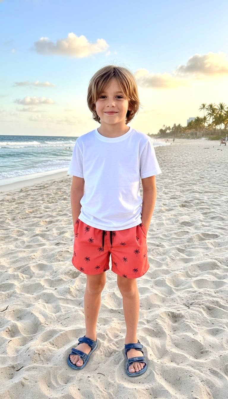 Boy's Swim Short-BP285_Tiny Palms on BricRed