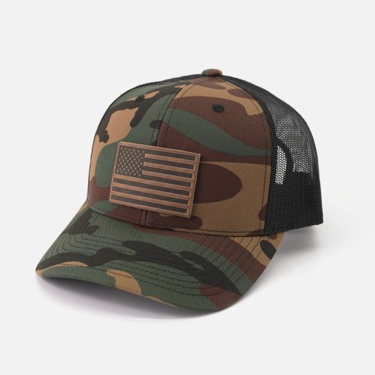 American Flag Hat - Leather Patch Trucker Snapback, Color: Green Camo/Black