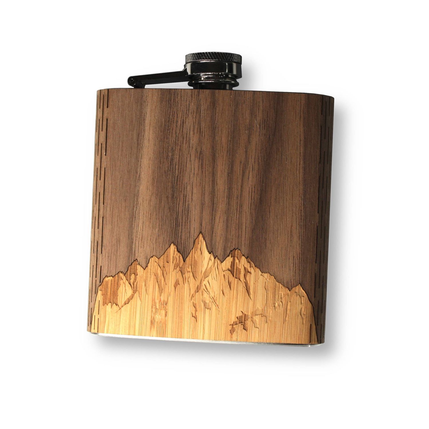 6 oz. Wooden Hip Flask (with Gift Box Options), Color: Sawtooth Mountains Walnut Sky, Gift Boxes: Just the Flask