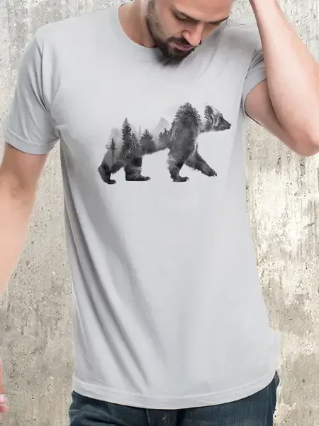 Double Exposure Bear Men's T-Shirt, Color: Cotton Light Grey, Size: Small