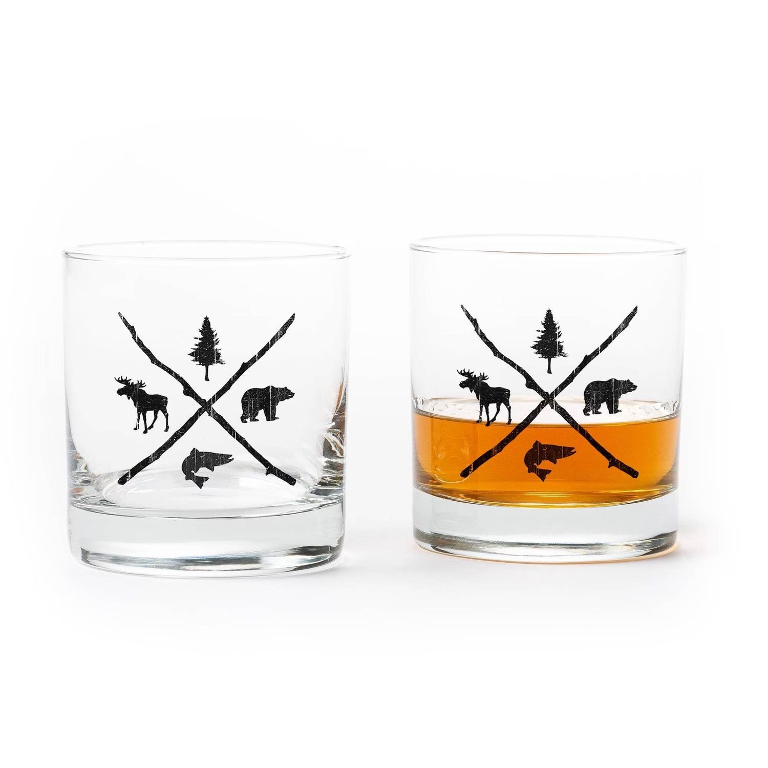 Pine Tree Bear Trout Moose Whiskey Glass