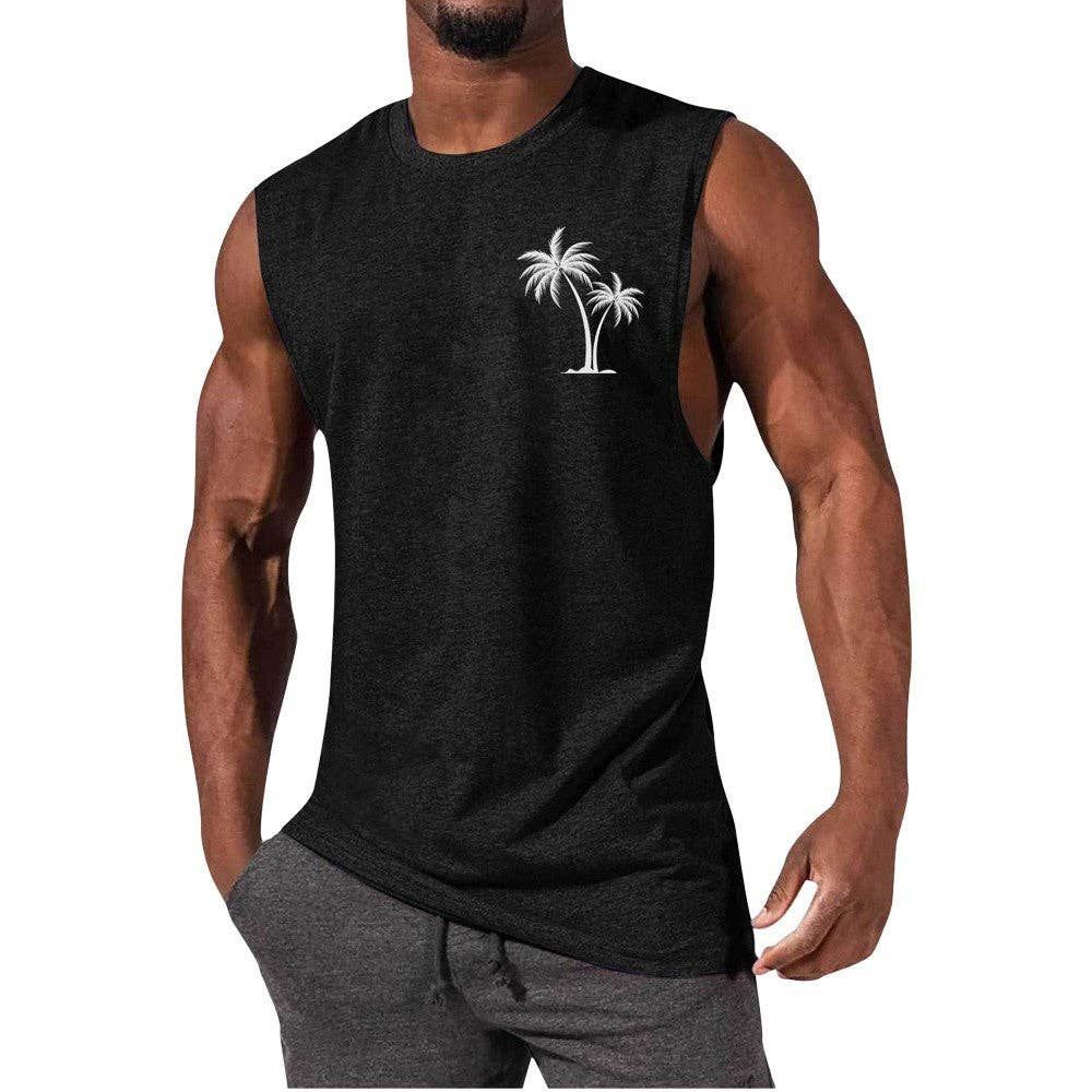 Coconut Tree Embroidery Vest Summer Beach Tank Tops Workout Muscle Men Sports Fitness T-shirt, Color: Black, Size: L