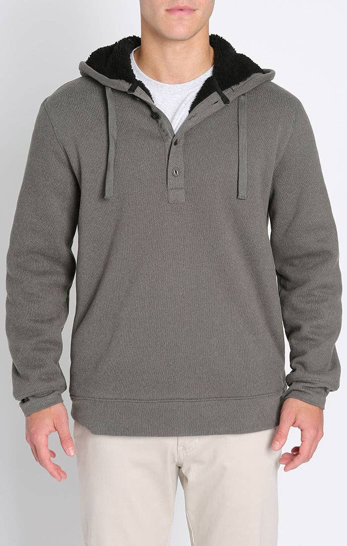Sherpa Lined Ultra Soft Ribbed Hooded Henley, Color: GREY, Size: L