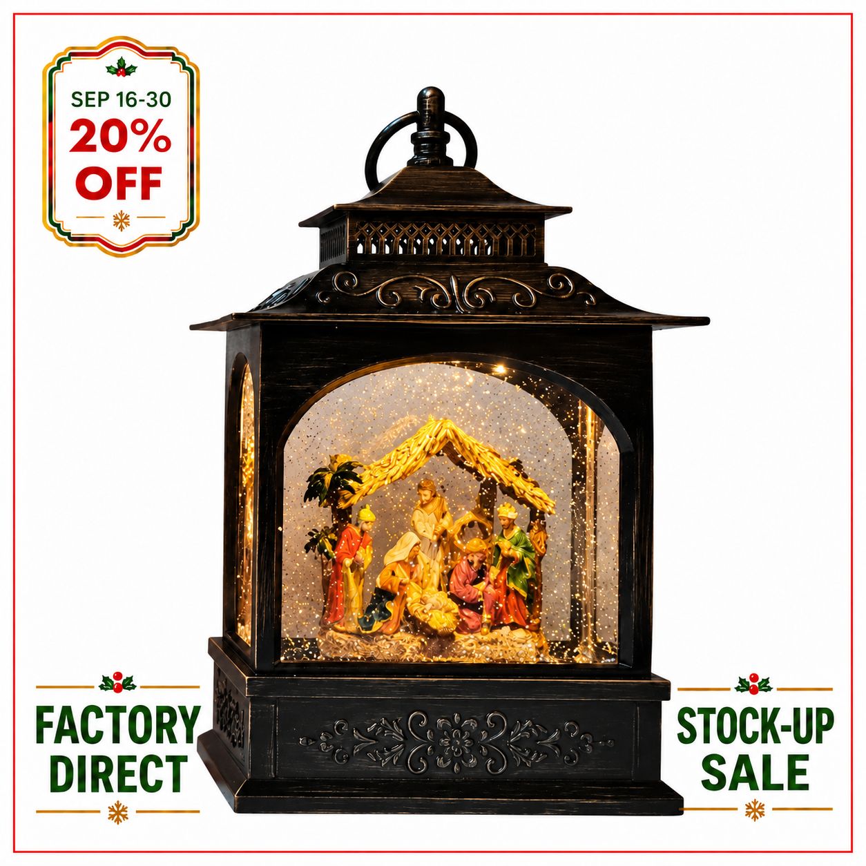 Black Square Nativity Lighted Glitter Globe