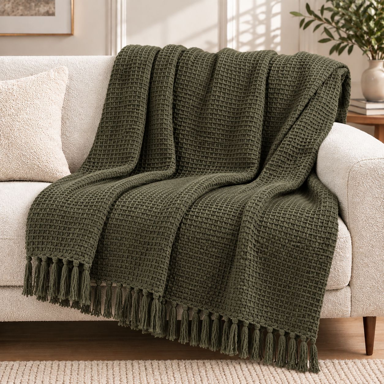 Olive Waffle Weave Cotton Throw Blanket - 50"x60"