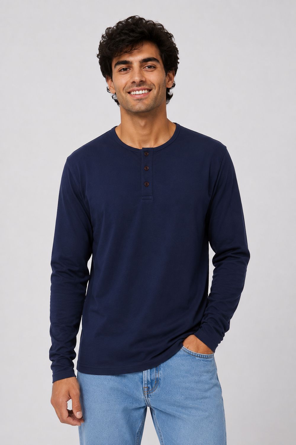 Men's Long Sleeve Cotton Henley T-Shirt, Color: NAVY, Size: M