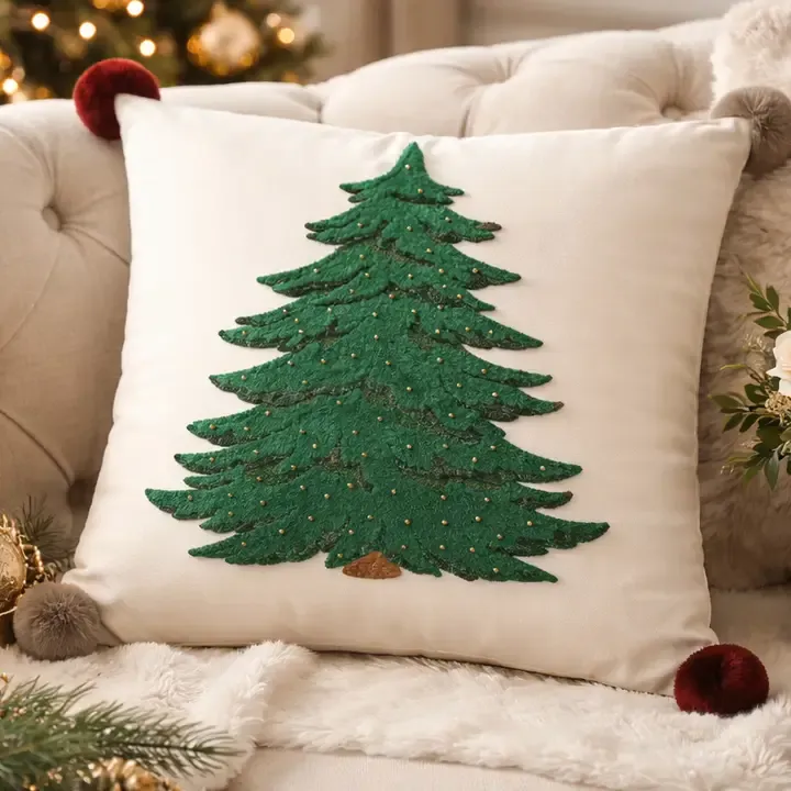 Green Embroidered Christmas Tree Pom Pom 18" Throw Pillow
