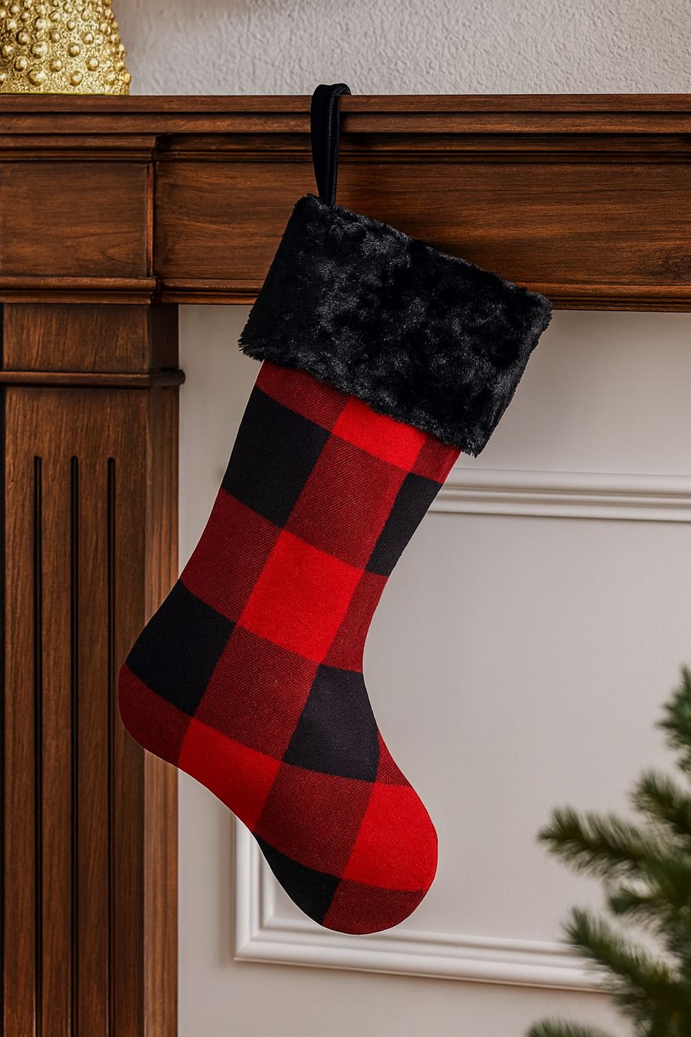 Red &amp; Black Buffalo Plaid Faux Fur Christmas Stocking