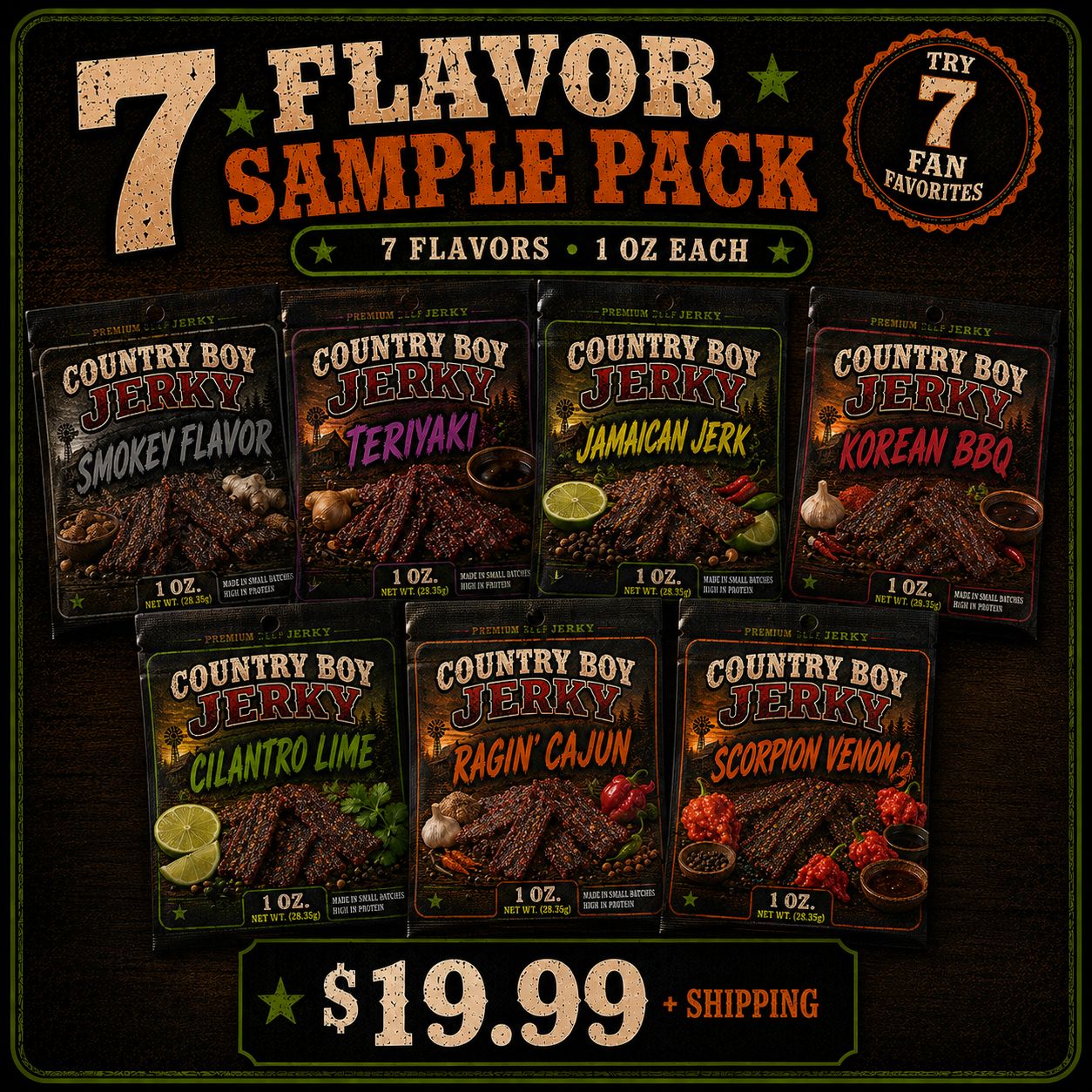 Country Boy Jerky 7-Flavor Sample Pack – Seven 1 oz Bags