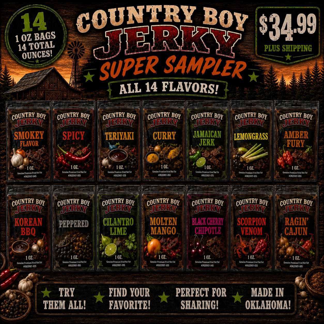 Country Boy Jerky Super Sampler – All 14 Flavors