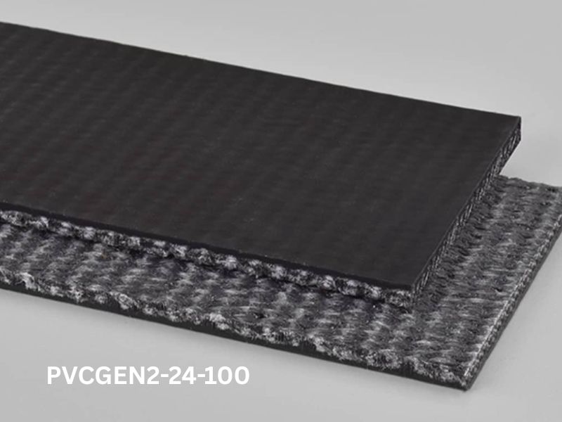 PVC-120 black conveyor belt on gray background with SKU PVCGEN2-24-100 printed below the belt