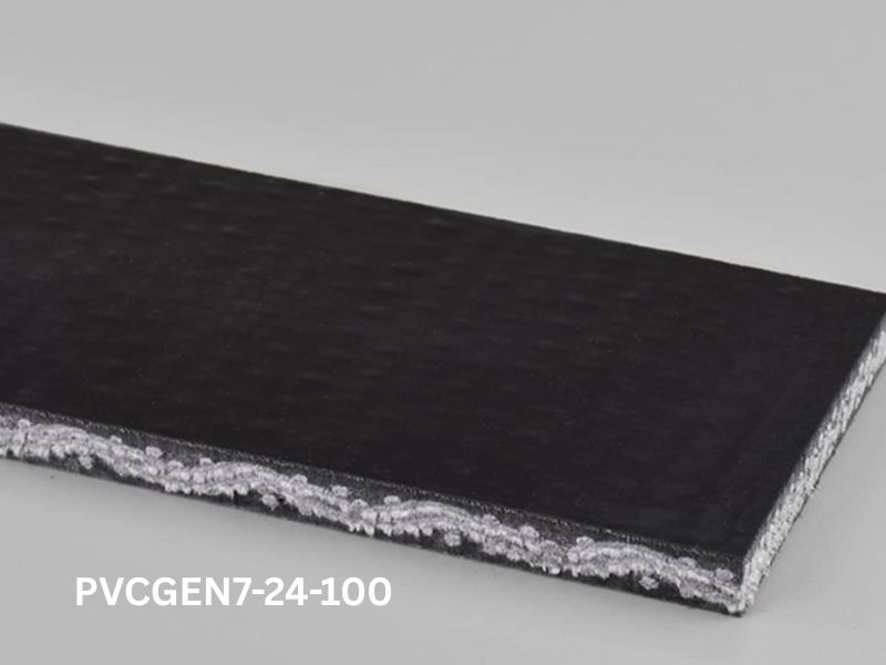 PVC-200 black conveyor belt on gray background with SKU PVCGEN7-24-100 printed below the belt